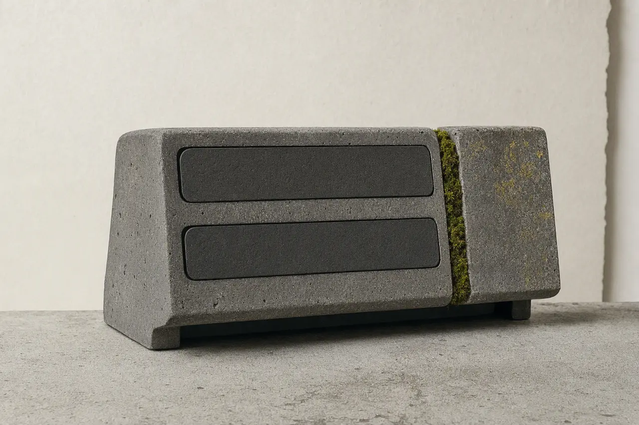 Abstract cast-concrete caption instrument with two dark caption slots and a narrow seam of green moss